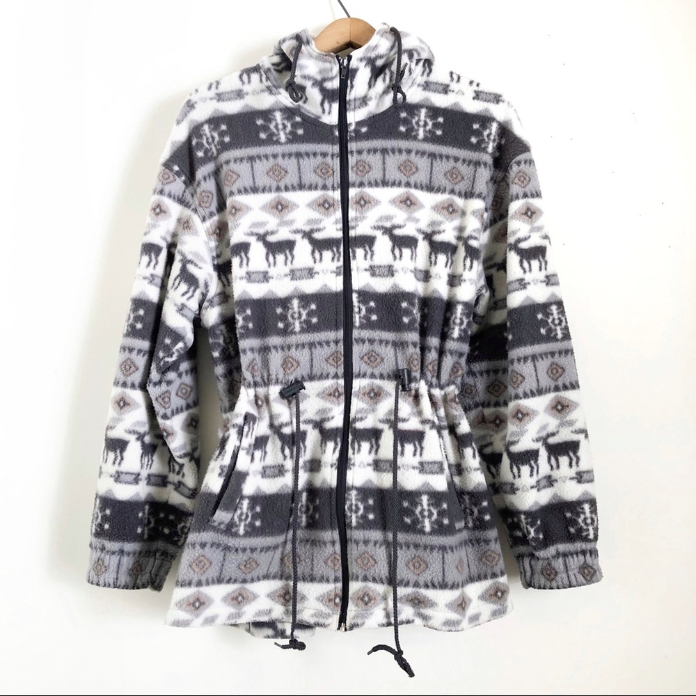 Vintage Fleece Fairisle Nordic Print Cinched Coat
